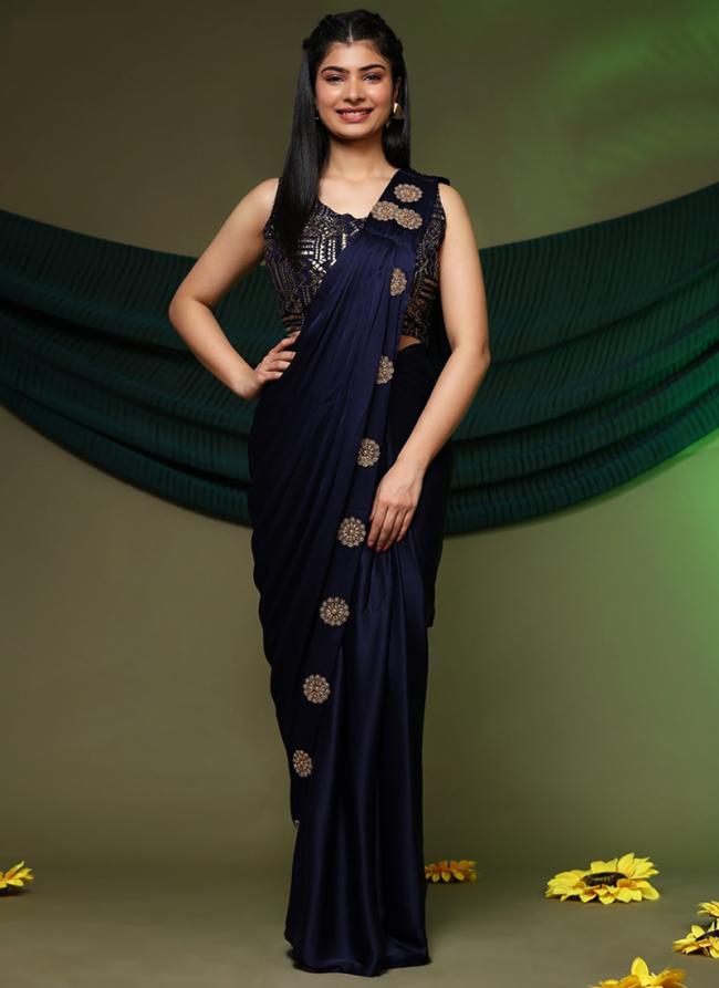 Pure Sattin Navy Blue Party Wear Sequins Work Ready To Wear Saree